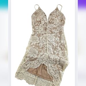 a'gaci Lace Illusion Dress Sz S Ivory Tan Lined Spaghetti Strap Padded CO-0963